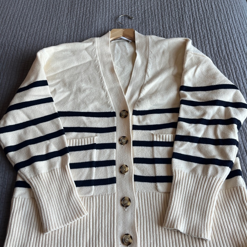 Zara Cream and Navy Striped Cardigan